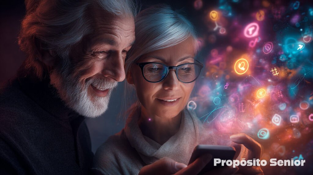 Hombre y mujer mayores mirando móvil con iconos luminosos de redes sociales flotando, estética moderna, Propósito Senior