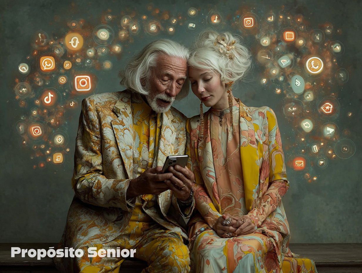 Pareja de mayores de 60 años usando smartphone con iconos de redes sociales flotando, estilo artístico, Propósito Senior