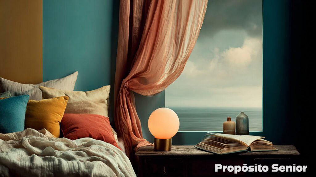 Dormitorio en calma con luz tenue y libro en la mesilla, ambiente sereno. 16:9. Propósito Senior
