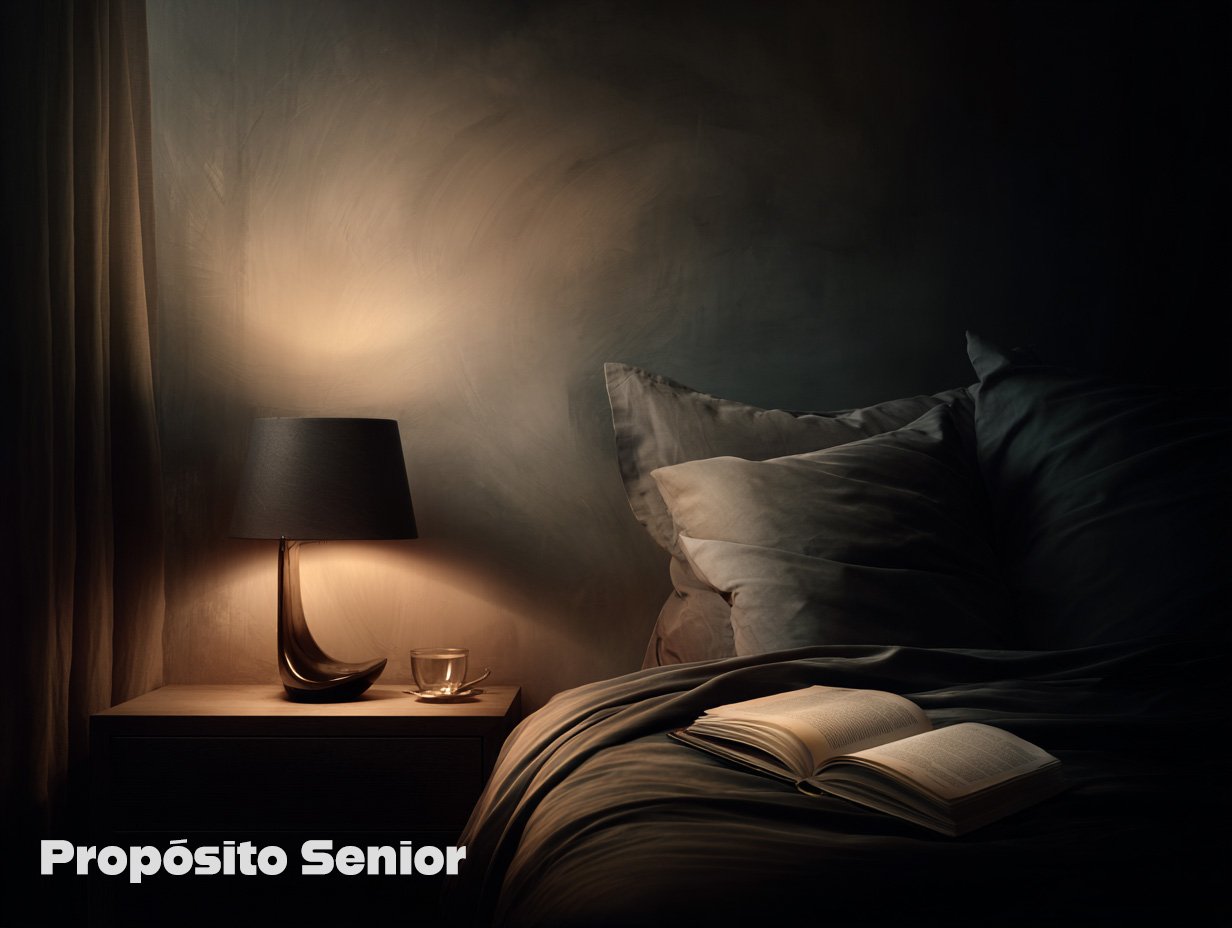 Dormitorio en calma con luz tenue y libro en la mesilla, ambiente sereno. 4:3. Propósito Senior