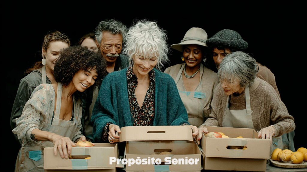 Adultos mayores voluntarios ayudando en su comunidad, ejemplo de actividades para envejecer con propósito.