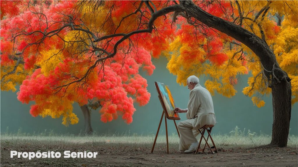 Hombre mayor pintando al aire libre, reflejo de los beneficios de una mentalidad positiva en mayores.