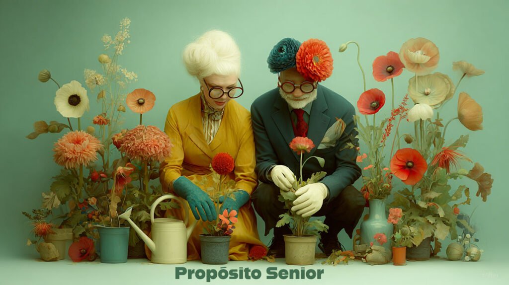 Pareja mayor plantando flores en un jardín comunitario, ejemplo de cómo encontrar propósito después de los 60.