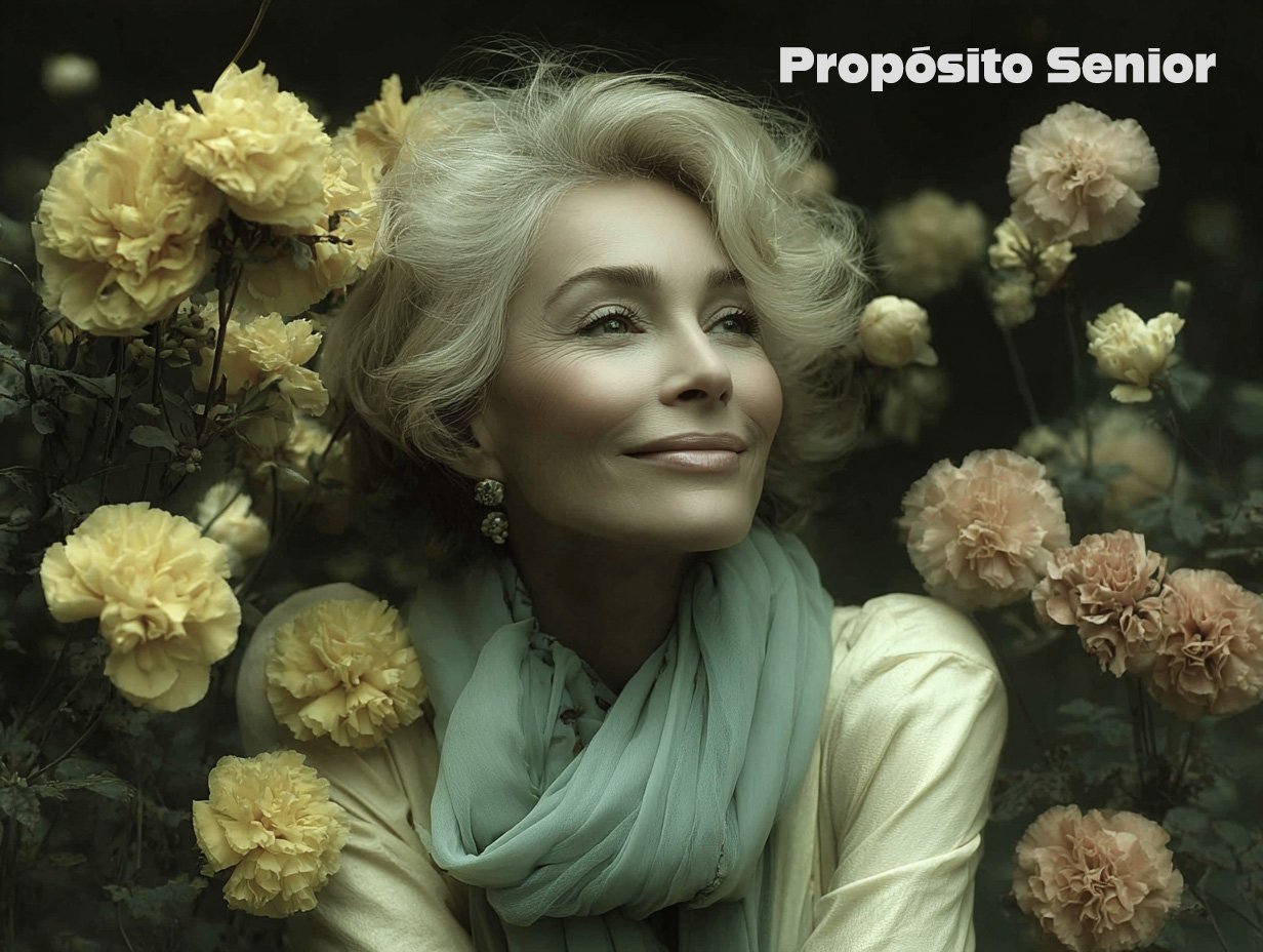 Mujer mayor sonriendo en un jardín, ejemplo de cómo encontrar propósito después de los 60.