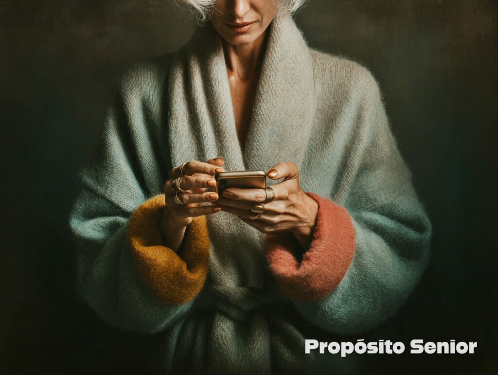 Manos de una persona mayor usando el smartphone con calma, luz natural. Propósito Senior