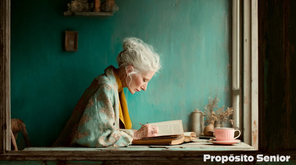 Persona mayor escribiendo su propósito en un cuaderno, luz de mañana junto a la ventana. Propósito Senior reto