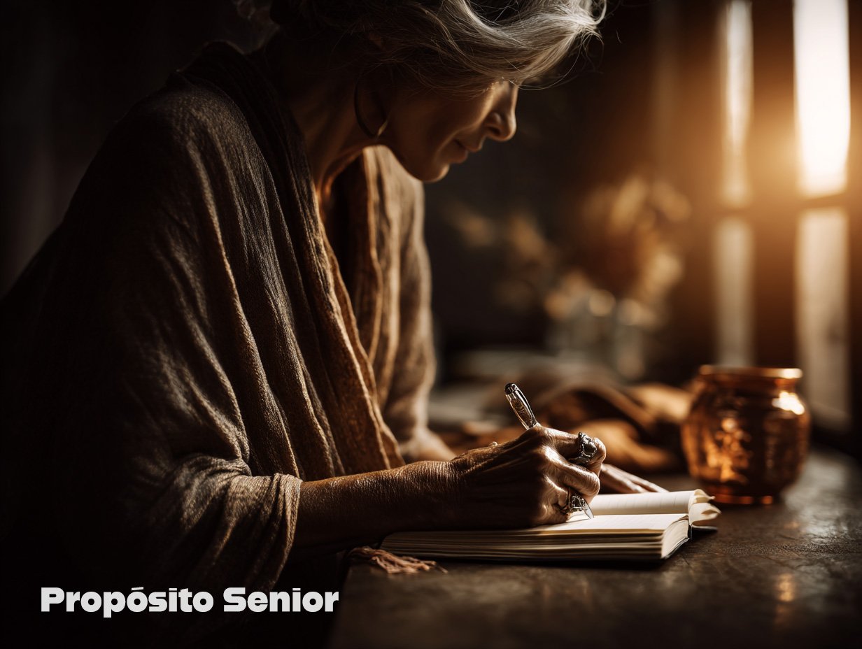 Persona mayor escribiendo su propósito en un cuaderno, luz de mañana junto a la ventana. Propósito Senior