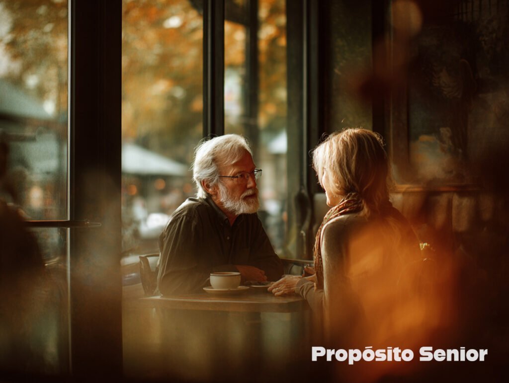 Dos personas mayores quedando en una cafetería, ambiente cálido y natural. Propósito Senior